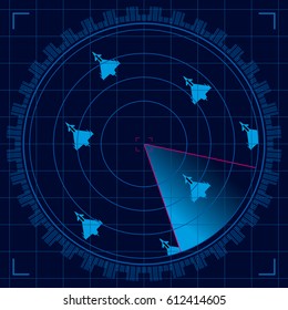 Blue radar screen detecting a group of military aircraft flying in formation - Vector image