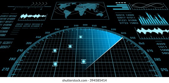 Blue radar screen with futuristic user interface HUD and digital world map. Infographic design elements. Vector illustration. 