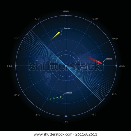Blue Radar screen. HUD radar display screen. Military object define system. vector illustration.