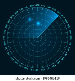 Blue radar screen. Military air search system. Vector HUD radar display. Futuristic interface radio detection.