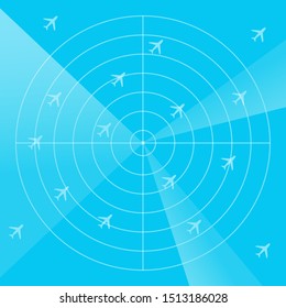 Blue Radar Screen With Planes, Air Traffic Control Radar Monitor Show Flight Airline Routes - Illustrator  EPS10