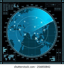 Blue Radar Screen With Planes And World Map. Vector EPS10.