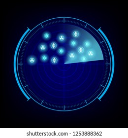 Blue radar screen scan bitcoin vector illustration eps10.