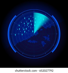 Blue radar screen scan people on map. Vector illustration for your design.