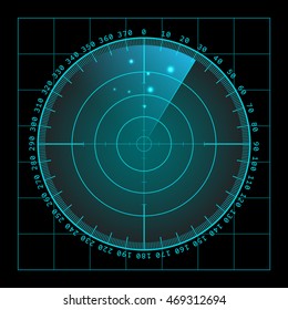 Blue radar screen with targets in process ,dynamic illustration . Conceptual design of military radar screen. Vector illustration .
