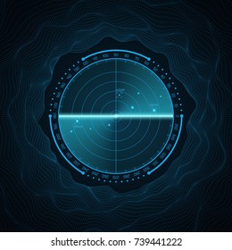 Blue radar screen.Screen with target. HUD Interface design. Screen with a world map. Vector illustration.