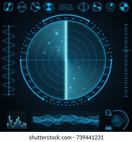 Blue radar screen.Screen with target. HUD Interface design. Screen with a world map. Vector illustration.