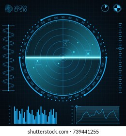 Blue radar screen.Screen with target. HUD Interface design. Screen with a world map. Vector illustration.