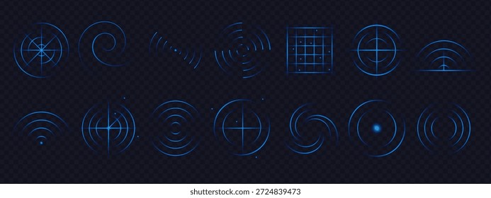 As ondas azuis do radar cintilam como o som debaixo d'água, espalhando a luz e o sinal através de fluxos invisíveis de wi-fi. O efeito de brilho neon acrescenta precisão calma e clareza futurista fria.