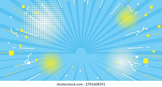 Blue Radial Background with Halftone Circles and Yellow Geometric Shapes