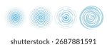 Blue radial concentric circle set. Halftone, dashed and dotted rings for epicenter, target, radar, earthquake, tsunami symbol. Sound wave signal collection. Vector rippled expansive vibration elements