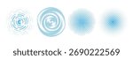 Blue radial concentric circle set. Ripped, dashed and dotted rings for epicenter, target, radar, tsunami, earthquake symbol. Sound wave signal collection. Vector rippled expansive vibration elements
