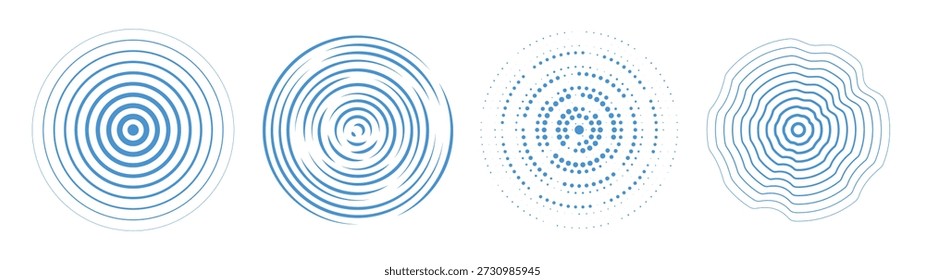 Conjunto de círculos concéntricos radiales azules lineales discontinuos y punteados