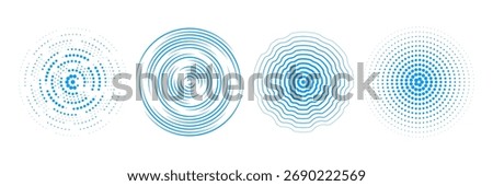 Blue radial concentric circle set. Ripped, dashed and dotted rings for epicenter, target, radar, tsunami, earthquake symbol. Sound wave signal collection. Vector rippled expansive vibration elements