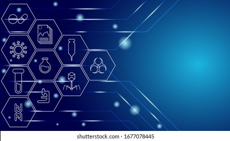 Fondo de degradado radial azul con icono científico y médico y efecto espumoso.