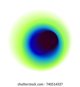 Blue radial hole with round peacock colored texture. Black blurred spot vector pattern. Green gradient circle isolated on white background.