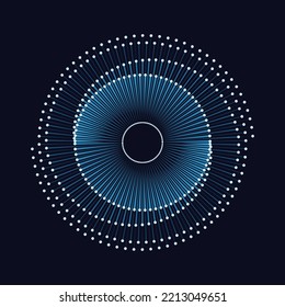 Blue radial lines with dots in circle form. Tattoo template or logo with lines. Abstract art swirl symbol or icon.