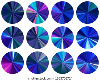 Blue radial metallic gradient ux button elements vector set. Polished modern swatches. Button metal gradient texture templates. Icon backgrounds material design.