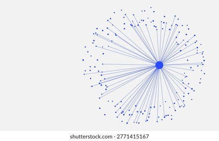 Blue radial network diagram with a central node connected by lines to scattered dots of varying sizes on a light gray background, representing data connections and hub-and-spoke topology. Abstract vector illustration for technology, artificial intelligence, analytics, and communication design concepts.