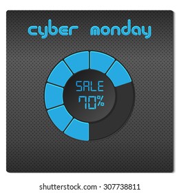 Blue radial progress bar on a dark hi-tech background. Sale, discount theme for Cyber Monday. Vector illustration.