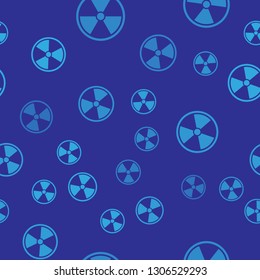 Blue Radioactive icon isolated seamless pattern on blue background. Radioactive toxic symbol. Radiation Hazard sign. Vector Illustration