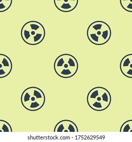 Blue Radioactive icon isolated seamless pattern on yellow background. Radioactive toxic symbol. Radiation Hazard sign.  Vector