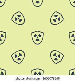Blue Radioactive in shield icon isolated seamless pattern on yellow background. Radioactive toxic symbol. Radiation Hazard sign.  Vector Illustration