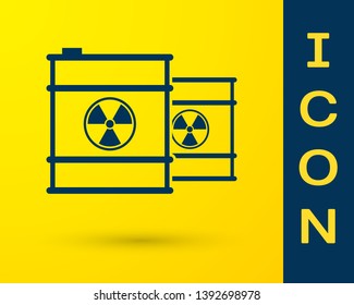 Blue Radioactive waste in barrel line icon isolated on yellow background. Toxic refuse keg. Radioactive garbage emissions, environmental pollution. Vector Illustration