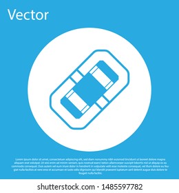 Blue Rafting boat icon isolated on blue background. Inflatable boat. Water sports, extreme sports, holiday, vacation, team building. White circle button. Vector Illustration