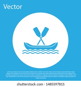 Blue Rafting boat icon isolated on blue background. Kayak with paddles. Water sports, extreme sports, holiday, vacation, team building. White circle button. Vector Illustration