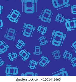 Blue Rafting boat icon isolated seamless pattern on blue background. Inflatable boat with oars. Water sports, extreme sports, holiday, vacation, team building.  Vector Illustration