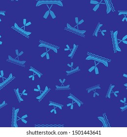 Blue Rafting boat icon isolated seamless pattern on blue background. Kayak with paddles. Water sports, extreme sports, holiday, vacation, team building.  Vector Illustration