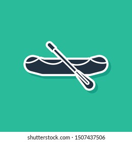 Blue Rafting boat icon isolated on green background. Inflatable boat with paddles. Water sports, extreme sports, holiday, vacation.  Vector Illustration