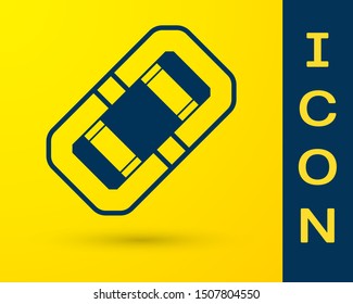 Blue Rafting boat icon isolated on yellow background. Inflatable boat. Water sports, extreme sports, holiday, vacation, team building.  Vector Illustration