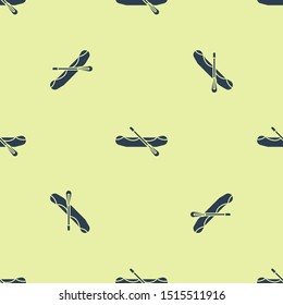 Blue Rafting boat icon isolated seamless pattern on yellow background. Inflatable boat with paddles. Water sports, extreme sports, holiday, vacation.  Vector Illustration