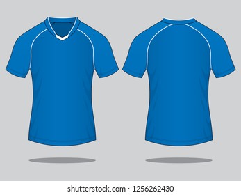 Blue Raglan Soccer Jersey Shirt With White Piping Design On Gray Background.Front And Back View, Vector File.