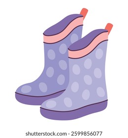 Blue rain boots with various prints. Flat vector illustrations isolated on white background.