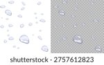 Blue rain drops on window PNG. Realistic blue raining droplets and raindrops on transparent surface vector background. Blue condensation on glass for professional photo.