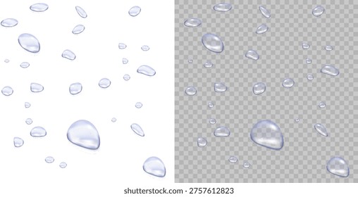 Blue rain drops on window PNG. Realistic blue raining droplets and raindrops on transparent surface vector background. Blue condensation on glass for professional photo.