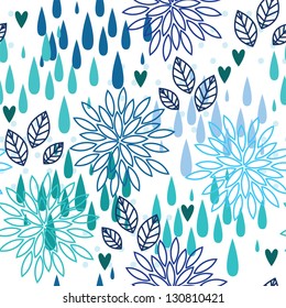 Blue rain seamless pattern with flowers, leaves and hearts