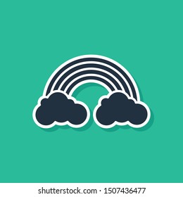 Blue Rainbow with clouds icon isolated on green background.  Vector Illustration