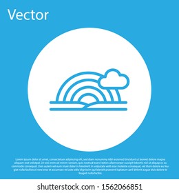 Blue Rainbow with clouds icon isolated on blue background. White circle button. Vector Illustration