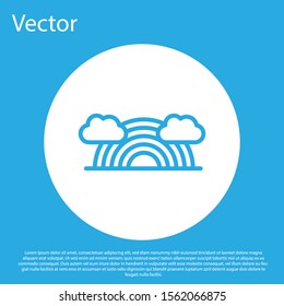 Blue Rainbow with clouds icon isolated on blue background. White circle button. Vector Illustration