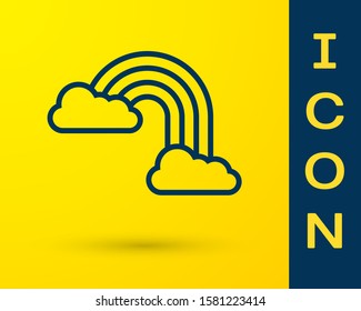 Blue Rainbow with clouds icon isolated on yellow background.  Vector Illustration