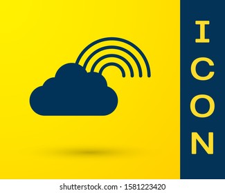 Blue Rainbow with clouds icon isolated on yellow background.  Vector Illustration