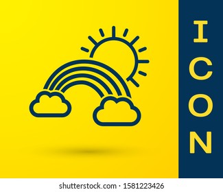 Blue Rainbow with clouds and sun icon isolated on yellow background.  Vector Illustration