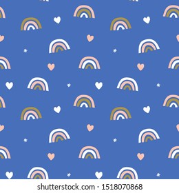 Blue rainbow seamless pattern. Baby shower digital wrapping paper design. Scandi heart with simple symbols and shapes. Minimalist pink, pastel navy and white repeat textile design. Scandinavian fabric