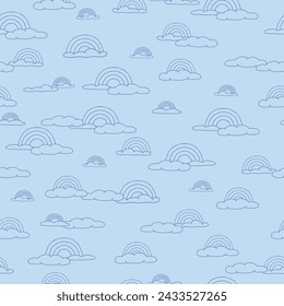 Blue Rainbows and Clouds in Line Art on Blue Background Seamless Pattern 