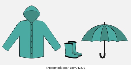 Blue raincoat, rainboots and umbrella vector flat icons set, Flat design of rainy weather clothing isolated vector illustration on light grey background