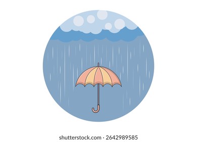 Blue raindrops and cute umbrella, flat cartoon vector illustration for children’s wall art, baby-themed print, seamless rainy backgrounds, and seasonal visuals

